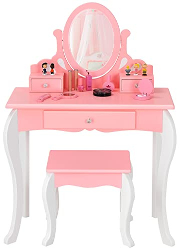 DREAMADE 2 in 1 Kinder Schminktisch mit Hocker & Abnehmbarer Spiegel, Prinzessin Frisiertisch Kosmetiktisch aus Holz, Kinderschminktisch mit 3 Schubladen für Kinder Mädchen ab 3 (Rosa)