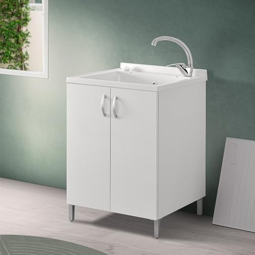 Mobile lavatoio lavanderia 60x60 bianco, in legno con vasca lavapanni in resina, asse strofinatoio e kit di scarico incluso
