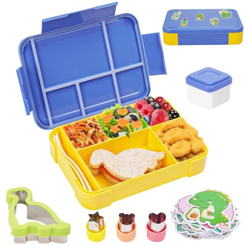 Brotdose Kinder mit Fächern+4 Stück Sanwich Gemüse Obst Ausstecher Auslaufsicher Lunchbox mit 6 Unterteilung und einer Saucenbox, Bento Box BPA-Frei, Perfekt für Kindergarten Schule Büro Tragen