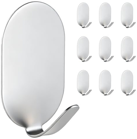 Metal Hooks, Adhesive Hooks for Hanging, Key Hooks, Wall Hooks, Coat Hooks, Door Hooks, Towel Holder, Picture Hanger, Command Hooks, Storage Hooks, Utility Hooks for Bathroom, Kitchen,10Pcs (Silver)