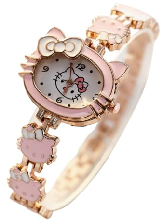 FASHION YO Analogue Quartz Watch with Stainless Steel Strap Bracelet Cats Girls Toddler Watches Gifts for Kids Birthday Gifts (Pink Cat)