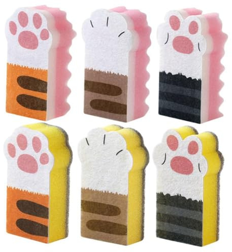 Grendly 6 Pieces Cats Paws Sponge Dishwasher Sponge Scouring Sponges Cleaning Sponges Non-Woven Fabric Reusable Easy to Use