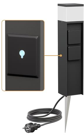 ledscom.de Pollerleuchte PODEL mit Erdspieß und 2m Kabel für außen, Smart Home, 39cm, schwarz, G9 Fassung, 2 Steckdosen