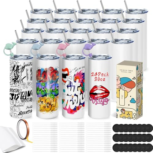 Goanueei Lot de 24 gobelets de sublimation vierges minces et droits en vrac pour transfert de chaleur avec paille et couvercle, film rétractable, film enveloppant