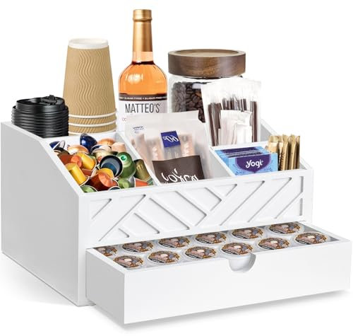 Coffee Bar Organizer with Drawer, Coffee Station Organizer for Countertop, Wood Coffee Bar Accessories Organizer for Coffee Bar Decor, Farmhouse Coffee Cup Pod Holder Condiment Organizer(White)