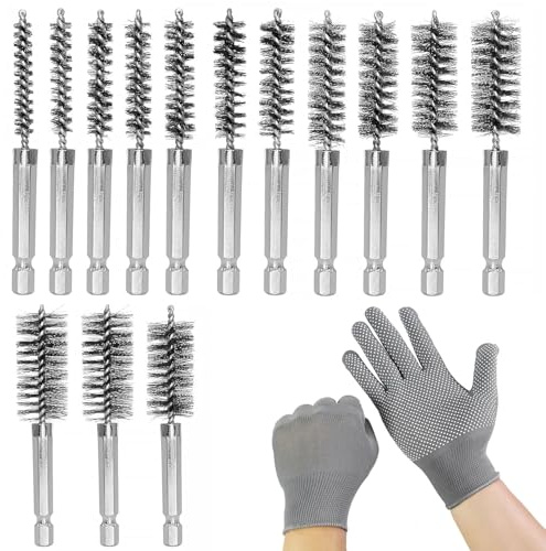 14 Stück Reinigungsbürste Bit Set für Bohrmaschine, Drahtbürste Bohrmaschine 8–25 mm, 1/4 Zoll Sechskant Drahtbürste Rund, mit Handschuh, für Polieren, Schleifen & Schlagbohrmaschinen