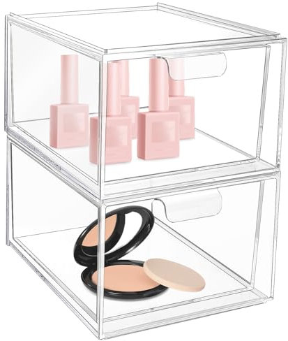 2 pièces boite rangement tiroir – boite tiroir – boite rangement transparente en acrylique empilable avec 16 tapis antidérapants – organiseur maquillage pour salle de bain, coiffeuse, commode & bureau