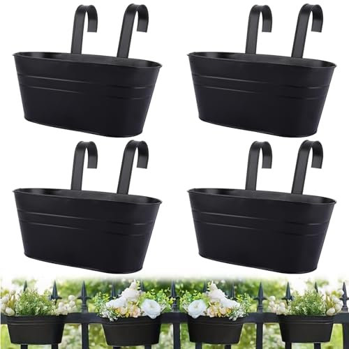 SHUESS 4 Pcs Iron Hanging Flower Pots - Balcony Planters for Railing with Detachable Hook - Metal Hanging Plant Pots Outdoor for Fence Balcony Garden, Black