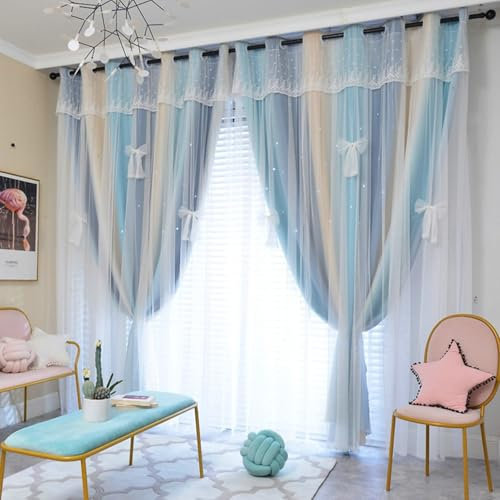 Aotiwe Verdunkelungsvorhang Vintage, Gardine Boho Farbverlauf Blau Outdoor Vorhang Balkon Polyester 2er Set 107 x 214cm