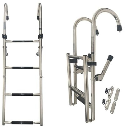 Scaletta pieghevole a 4 gradini per barca, resistente, con clip, in acciaio inox, per ingresso posteriore, pontone, ponte entrobordo