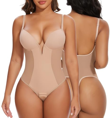 SHAPERIN Women Backless Body Shaper Tummy Control Thong Bodysuit Shapewear with Bra Deep V Neck Shaping Bodysuit, Beige, M