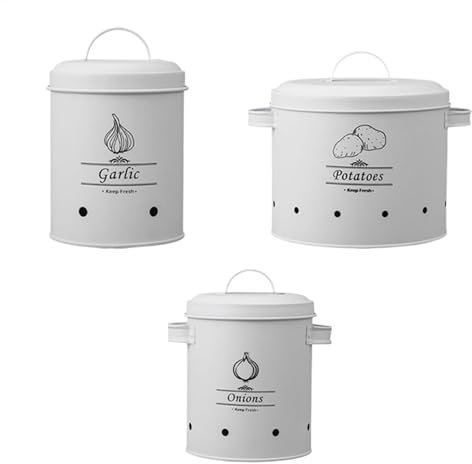 Storage Jars - Kitchen Vegetable Canister, White Potato Onion Storage Jars | Vintage Style Kitchen Storage Pots Durable Metal Canisters, Decorative Vegetable Containers, Storage Jars for Kitchen