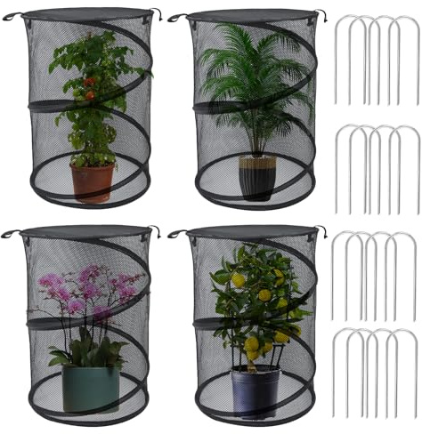 Pop-Up-Pflanzenabdeckungen, Zelt von Tieren, 50,8 cm H x 33 cm T, Insektenbarriere, Pflanzenschutz, Netz, schwarz, Gartenpflanzenschutz, Mini-Gewächshaus, Pflanzenschutzkäfig mit Heringen für