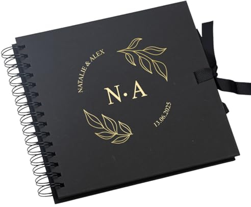 Personalised Wedding Guest Book, Spiral Bound, Reception Guestbook with Cicular Names and Leaves (Black)