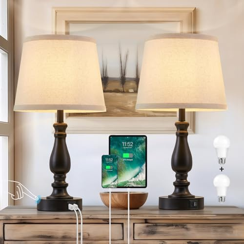 GyroVu Nachttischlampe 2er Set, Bedside Lamps mit USB A+C Ladeanschlüssen | Touch Tischlampe mit Kabel, 3-Stufig Dimmbar Table Lamp für Schlafzimmer Wohnzimmer Hotel Büro (LED-Birne Inklusive)