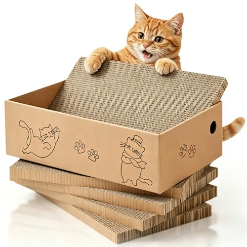 5 Layers Design Cat Scratching Pad, Cat Scratching Board with Box, Scratcher, Larger-Sized Durable and Reversible Cardboard Pad for Rest and Play