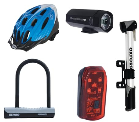 Oxford Rider Starter Bundle – Mini Pump, Lock, Lights, F15 Helmet – Blue/White