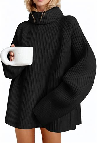 Saodimallsu - Maglione da donna oversize a maniche lunghe, dolcevita in maglia fine tinta unita, maglione casual elegante e basic, Nero , S