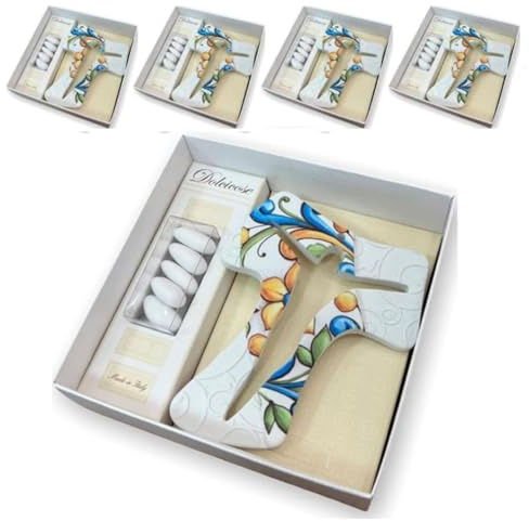 Regalami.Shop Set 6 Croci Tau in Marmo di Carrara cm 14 con fregi a Rilievo e Stampa Completo di Scatola, bigliettino e portaconfetti in Pet Trasparente. Bomboniera Made in Italy. (6, Croce)