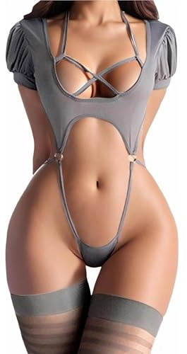 Fjquamitix Sexy Lingerie for Women Sets Bodysuit with Stockings Halter Neck Naughty Nightwear for Role Play Cosplay & Bedroom Valentine's (Grey)