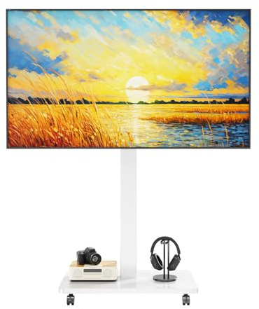 Rolling TV Cart for 10-46 inch LCD LED OLED Plasma TVs, Height Adjustable, Floorstanding TV cart with 90° panel rotation,Mobile TV Stand on Wheels,40 kg load capacity, Max VESA200x200mm (White)