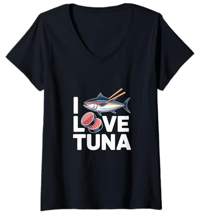 Mujer I Love Atún Sushi Lover Palillos Pescado Camiseta Cuello V