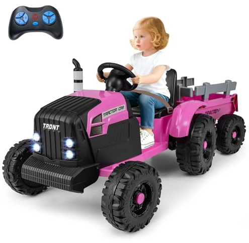 Costzon 24V Ride on Tractor with Detachable Trailer, Kids' Electric Vehicles with 3 Speeds, 15° Climbing, Wireless Design, Horn & Music, Remote Control Tractor Toy for Kids 3+,Gift (24V, Dark Pink)
