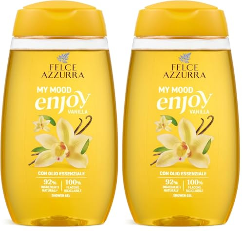 Felce Azzurra - Docciaschiuma MY Mood Enjoy Vanilla, Gel Detergente Idratante Vaniglia Pelle Morbida, Doccia Schiuma Delicato con Oli Essenziali, 92% Ingredienti Naturali, Gel Doccia Riciclabile 250ml