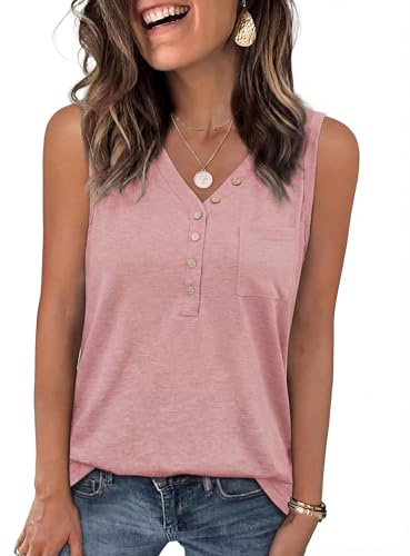 Aottori Camiseta Mujer sin Mangas para Verano Botones Frontales Cuello en V | Ajuste Suelto, Tejido Elástico, Tacto Suave, Estilo Casual, Acabado Liso, para Uso Casual, Uso Diario