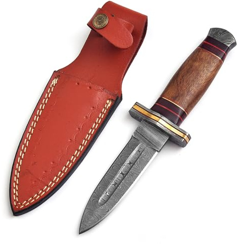 FBcrafts 4.5in Small Fixed Blade Double Edge Dagger Knife Edc Damascus Steel for Hunting with Leather Sheath Wood Handle