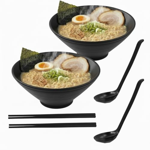 Ziyonix 2 Set Ciotole Ramen Bowl Giapponesi per Ramen, 1000ml, Con Bacchette E Cucchiaio, Adatte per Insalate, Udon, Soba, Pho, Pasta e Zuppe Asiatiche