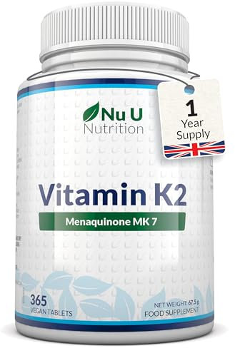 Vitamin K2 MK7 200mcg - 365 Vegan Tablets not Capsules - 1 a Day - 1 Year Supply - High Strength VIT K2 Menaquinone - Easy to Swallow - Made in The UK - Nu U Nutrition