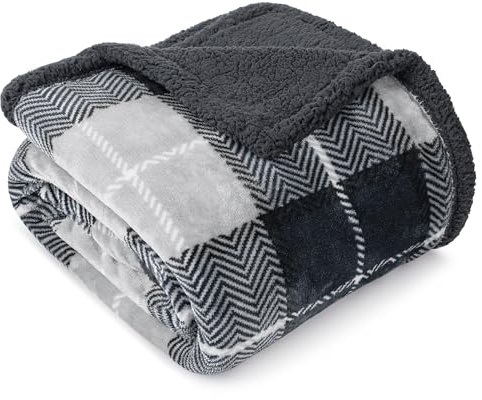 PAVILIA Plaid Sherpa Throw Blanket for Couch Sofa Bed, Dark Grey, 50x60
