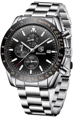 BENYAR Orologio Uomo Analogico al Quarzo Cronografo Impermeabile Luminoso Data Orologio da Polso Cinturino in Acciaio Inox Moda Sportivo Affari Orologi Elegante Regalo per Uomo