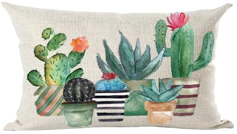 Ramirar Tintenölgemälde Aquarell Grün Blau Kaktus Topfpflanzen Sommer Dekorative Lendenwirbelkissen Bezug Fall Zuhause Wohnzimmer Bett Sofa Auto Baumwolle Leinen Rechteckig 30,5 x 50,8 cm