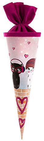 goldbuch 93 099 Geschwistertüte Music for Cats, Schultüte mit Katzen-Motiv, Lackkarton, Geschenkverpackung mit pinkem Filzverschluss (ohne Verschlussband), Zuckertüte rund, Länge 35 cm, Ø 11,5 cm