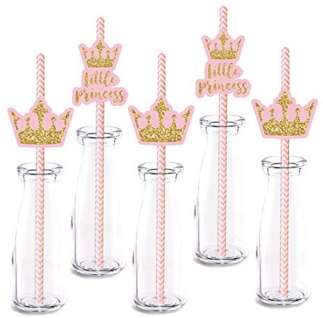 Little Princess Party Straw Decor, 24-Pack Pink Gold Girl Baby Shower Kids Birthday Party Decorations, Paper Decorative Straws