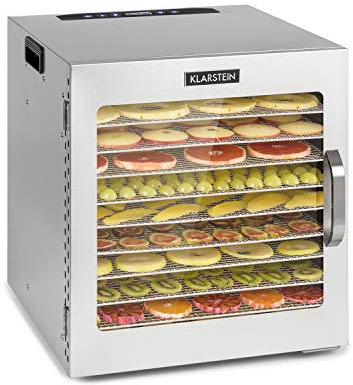 KLARSTEIN Captain Jerky 110, Déshydrateur,1000 W,30-90 °C, minuterie 24 h, sans BPA, commande tactile, 10 plateaux, porte en verre, déshydrateur en inox pour fruits, légumes, bac collecteur - argent
