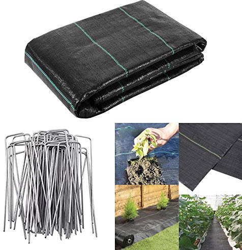 ADEPTNA Heavy Duty Woven Garden Weed Control Fabric Membrane Made from Strong 100g/m² fabric - Ideal for use in Patios Garden Landscaping Flower beds (1M X 10M + 50 U PEGS)