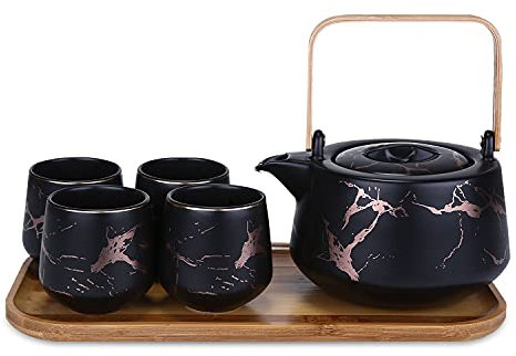 ENJOHOS Service à thé en marbre noir pour adultes avec plateau en bois et théière en céramique (1 134 g) avec 4 tasses à thé en porcelaine (189,9 g) Service à thé japonais moderne pour la maison et