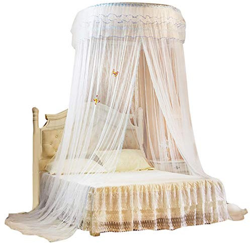 Betthimmel für Kinder-Babybett, atmungsaktiv, rund, mit Spitze, Prinzessinnennetz, 360 °, rundes Bettvorhang, faltbar, Bettzelt, Heimdekoration (weiß)
