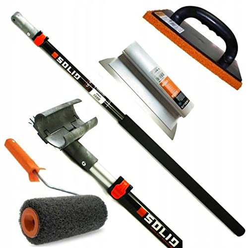SOLID PROFI SET - Flächenspachtel edelstahl mit aluminium teleskopstange und stielaufnahme für spachtel - Reibebrett Kunststoff mit Schwammgummi und Rollspachtel - MADE IN EU (35 cm)