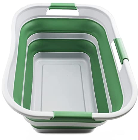 SAMMART Faltbarer Kunststoff-Wäschekorb, 30 l, zusammenklappbar, Aufbewahrungsbehälter, Organizer, platzsparender Korb, Wasserkapazität 24 l (1, Grau/Dunkelgrün)