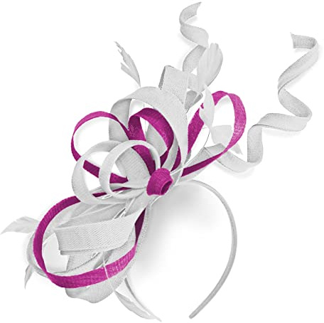 Caprilite. Mix Swirl Fascinator Hat on Headband Wedding Ascot Races Bespoke Sinamay for Ladies (White and Fuchsia Hot Pink)