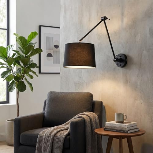 B·LED BARCELONA LED Wandleuchte mit Gelenkarm und zylinderförmigem schwarzem Stoffschirm Nordisches Design Klassisches elegantes Schalter und E27-Fassung zum Lesen Wohnzimmer Nachttisch Hotel
