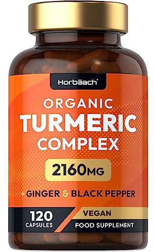Organic Turmeric and Black Pepper Capsules | 2160mg | High Strength Curcumin with Ginger | 120 Vegan Capsules | by Horbaach