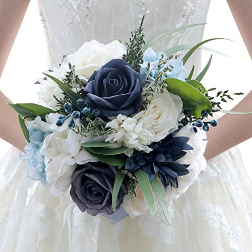 Herbests Hochzeit Blumenstrauß,Künstliche Rose Blumen Hochzeit Bouquets Brautstrauß Braut Brautjungfer für Hochzeit Gefälschte Rose Koreanischen Stil Blumenstrauß für Hochzeit,Fotoshooting,Blau