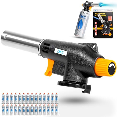 Z.M.C Gasbrenner + 28x Gaskartuschen 227g, Schweißbrenner Flambierbrenner bis zu 1300°C, Bunsenbrenner Lötlampe 1,3kW, Lötbrenner, Küchenbrenner Abflammgerät mit einstellbarer Flamme