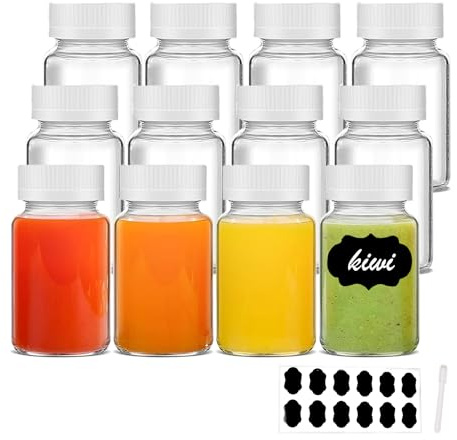 YBCPACK 12 Pack 2oz/60ml Reusable Mini Clear Glass Shot Bottles for Juice | Wellness Shots Bottles for Ginger, Small Glass Jars with Lids, Label, Pen.(Dishwasher Safe & Leak Proof)