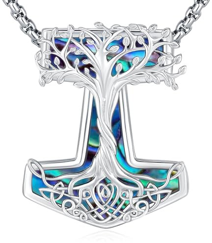 Eusense Wikingerschmuck Thors Hammer Halskette 925 Silber Lebensbaum Thors Hammer Nordische Mythologie Mjolnir Anhänger Kette Amulett Schutzschmuck für Männer Frauen